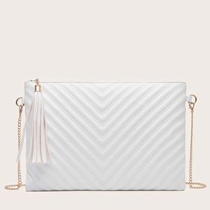 White Chevron Faux Leather Tassel Clutch Bag Holder Pouch Purse